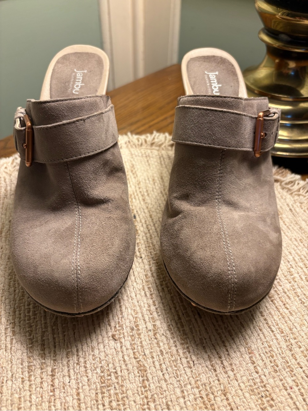 Jambu Women 8.5 Suede Buckle-Accent Clog Mules - Taupe